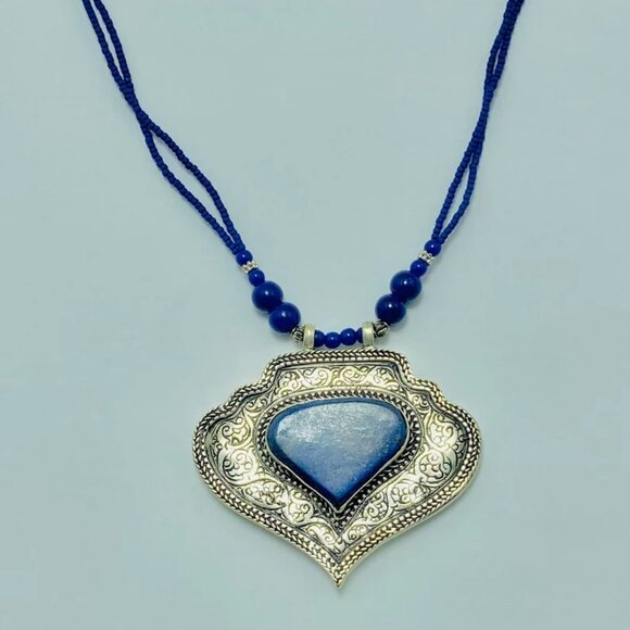 Lapis Lazuli Beaded Chain Pendant Necklace, Striking Blue Stone Pendant, Gemston - Picture 7 of 12